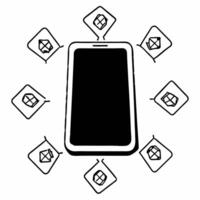 Isolated glowing smartphone with floating sale notifications for Cyber Monday concept as A futuristic smartphone with glowing Cyber Monday sale notifications floating around it iso Squre vector