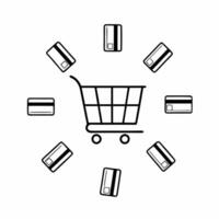 Levitating Shopping Cart with Payment Icons concept as A shopping cart floating with payment icons around it isolated on a white background The design represents e commerce and di Squre vector