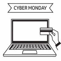 Plain background of a laptop and credit card with Cyber Monday banner concept as A plain background featuring a sleek laptop an outstretched hand holding a credit card and a Cyber Squre vector