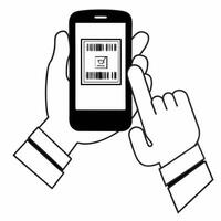 Plain background of hand scanning QR code for Cyber Monday purchase concept as A plain background with a close up of a hand holding a smartphone scanning a QR code for a Cyber Mond Squre vector