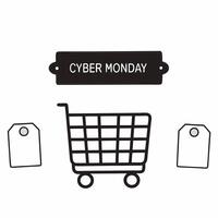 Plain background with shopping cart icon and Cyber Monday price tags concept as A plain background showcasing a large shopping cart icon with floating Cyber Monday price tags in a Squre vector