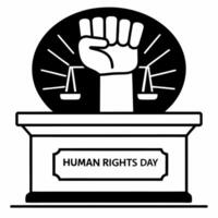 Podium with a raised fist and scales of justice symbolizing activism and fairness for Human Rights Day concept as A podium featuring a raised fist and glowing scales of justice at Squre vector