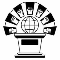 Podium with a globe and raised hands symbolizing global unity and human rights with ample copy space concept as A podium featuring a globe at the center with raised hands surroundi Squre vector
