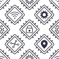 Produce multi layer tile patterns fusing microchip outlines and symbolic tech icons in white squares perfect for software packaging or brand identity concept as Merge microchip str Squre vector