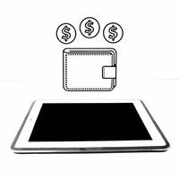 Tablet with Holographic Wallet and Coin Symbols concept as A tablet set on a glossy white surface with holographic wallet and coin icons representing savings and profits floating n Squre vector