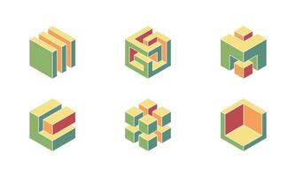 Six abstract isometric cube designs in muted greens, yellows, and reds. Perfect for tech, architecture, or design projects needing a modern, minimalist, and visually engaging logo or graphic element. vector