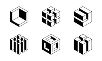 Black and white Cube logo geometric design. Set box logotype company, trendy techno emblem in isometric 3D style. vector