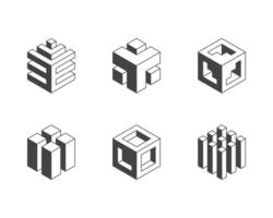 Six abstract isometric cube designs. Modern, minimalist style perfect for branding, technology, architecture, or engineering projects. vector