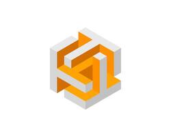 Abstract isometric cube design. Interlocking orange and grey shapes create a complex yet balanced visual. Represents connection, innovation, and intricate solutions. vector