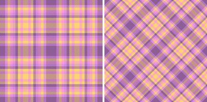 Two pastel plaid patterns, perfect for textile design or digital backgrounds. Soft purple and yellow hues create a gentle, feminine aesthetic. Ideal for websites, stationery, or apparel. vector