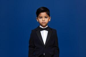 Stylish Minimalist Portrait of Child on Blue Background photo