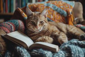 Tabby cat lounging comfortably with an open book on a cozy blanket. photo