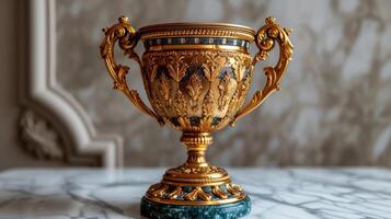 Elegant Golden Trophy With Intricate Details on Marble Surface photo