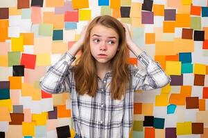 Teenager Girl Expressing Intense Emotion in Colorful Studio Setting photo