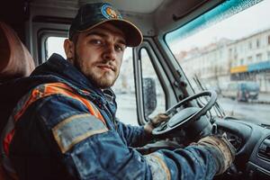 Working Class Man in Uniform Operating a Vehicle on a Rainy Day photo