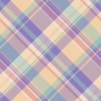 Soft pastel plaid pattern. Seamless diagonal check texture in muted purple, peach, and mint green hues. Ideal for textile design, apparel, stationery, or website backgrounds. vector