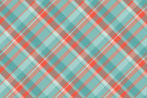 Vibrant diagonal plaid pattern in teal, coral, and taupe. Perfect for textile design, website backgrounds, or fashion projects. This cheerful and modern design evokes feelings of warmth and style.