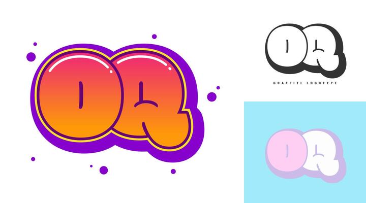 OQ logo design for festival or party. Initial letter o and q in graffiti style. Creative modern lettering company name of font typography. Kids trendy logotype or identity.
