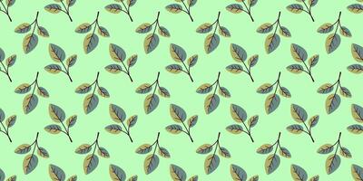 Seamless pattern of stylized leaves on a pastel green background. Perfect for textile design, wallpaper, packaging, and digital projects. Evokes feelings of freshness, nature, and tranquility. vector