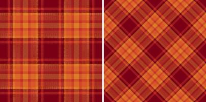 Two vibrant autumnal plaid patterns in warm orange and deep maroon. Perfect for fallthemed designs, textiles, and seasonal branding. vector