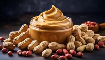 Creamy peanut butter in a jar with peanuts. photo