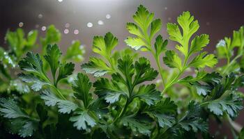 Vibrant green parsley leaves glistening with dew drops. Fresh and healthy herb. photo