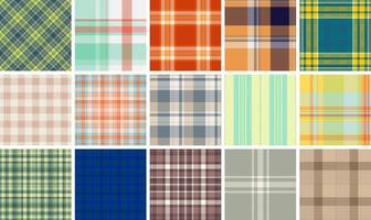 Vibrant collection of 16 seamless plaid patterns. Perfect for textile design, website backgrounds, or fashion projects. A versatile set offering diverse color palettes and check styles. vector