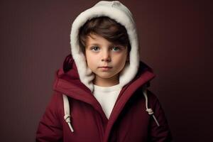 Vibrant Minimalist Portrait of a Child in Winter Attire Indoors photo