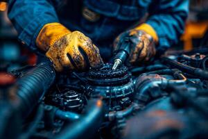 Auto Mechanic Repairing Engine in Workshop photo