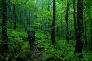 Hiker Explores a Lush, Green Forest Trail Surrounded by Tall Trees photo