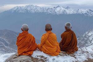 Himalayan Monks Practicing Meditation on Snowy Mountaintop photo