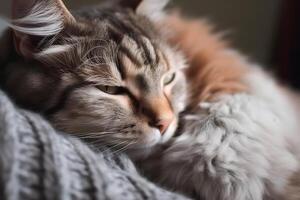 Content cat curled up on a cozy lap, providing comfort and relaxation after a long day. photo