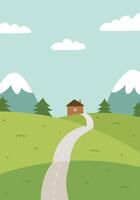 A spring or summer landscape with mountains, clouds, fields, a house and a road. hand-drawn illustration in flat style. Beautiful cartoon background with nature. Perfect for cards, banners. vector