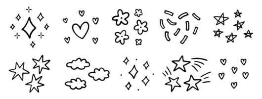 Cute decorative design elements. Abstract squiggles of different shapes - stars, hearts, flowers, confetti, clouds, sparkles. hand-drawn doodle illustration isolated on a white background. vector