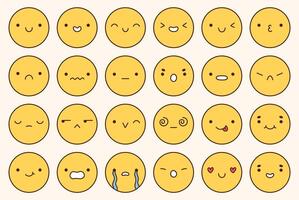 A big emoji set with different facial expressions. Yellow characters with happy, joyful, disappointed, sad, surprised,angry, playful mood. doodle illustration.Perfect for social media, stickers vector