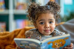 Child Reads With Teacher's Guidance in Cozy Learning Environment photo