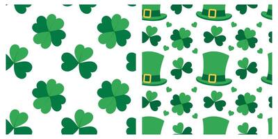 Shamrock, Quatrefoil, Leprechaun hats and Decorative hearts Seamless Pattern St Patrick Day backdrop. Isolated illustration Thematic or greeting cards, label or web promo banner, leaflet, price vector