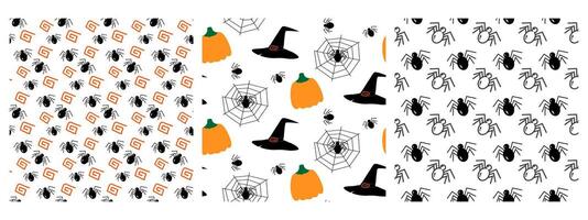 Spider and ornamental element. Pumpkins, Witch Hats, cobweb and silhouette spiders Seamless patterns Set 3. Isolated illustration Wrapping, wallpaper or web promo banner, cards, leaflets, tags vector