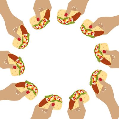Female hands hold taco meat and vegetable fill Abstract Circular Frame Copy space Template concept. Isolated illustration Traditional Mexican cuisine or menu cards, web promo leaflet, price tag
