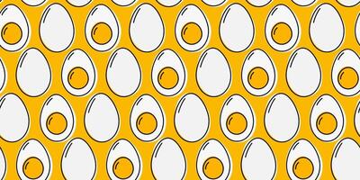 Abstract Outline Whole and half boiled eggs with yolk Seamless Pattern Egg Day promo background idea. Isolated illustration Wrapping or web promo banner, leaflets, poster, cards, label, booklet vector