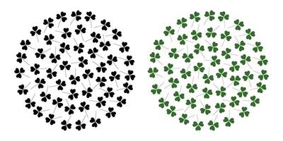 Clover leaves Shamrocks Circular Background dark and monochrome green St Patrick Day Background idea. Isolated illustration Greeting cards, poster, price tag, label or web promo leaflet, banner vector