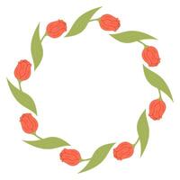 Round Frame with Red Tulip. Festive Decoration Circle Border Card with Spring Flowers. vector