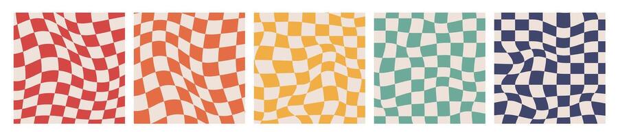 Groovy Distorted Checkered Background. Retro Twisted Trendy Waves Trippy Grid. Isolated Hand drawn Square templates collection. Hippie aesthetic psychedelic 1970s vector