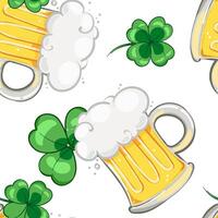 Seamless pattern with beer mugs and clover leaves, for beer gardens, for st. patrick's day. vector