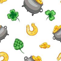 Seamless pattern with clover leaves, golden horseshoe, for st. patrick's day vector