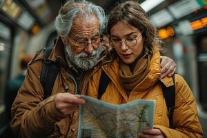 Senior man and young woman navigating subway system while looking at a city map photo