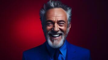 Colorful studio portrait of a rich and mature man wearing elegant clothes. Bold, vibrant and minimalist. photo