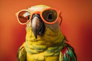 colorful parrot wearing sunglasses in studio with a colorful and bright background. photo