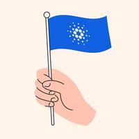 Hand Holding Blue Cardano Flag Representing Cryptocurrency and Blockchain Support, ADA Token Symbol vector