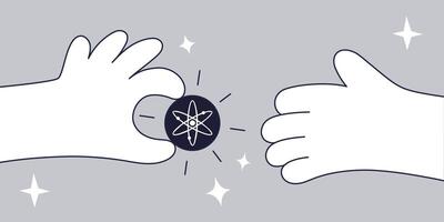 Illustration of a Cosmos ATOM Transaction, Hands Exchanging a Black Cryptocurrency Token, Symbolizing Digital Payments and Blockchain Technology. vector